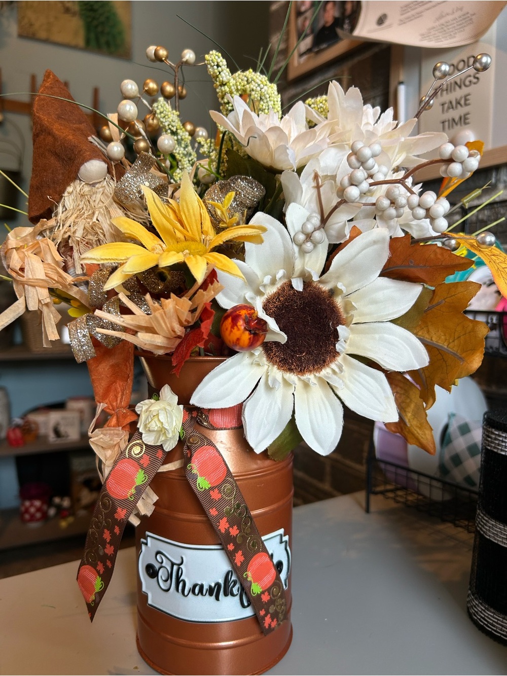 Hand Crafted White and Yellow Sunflower Autumn Arrangement